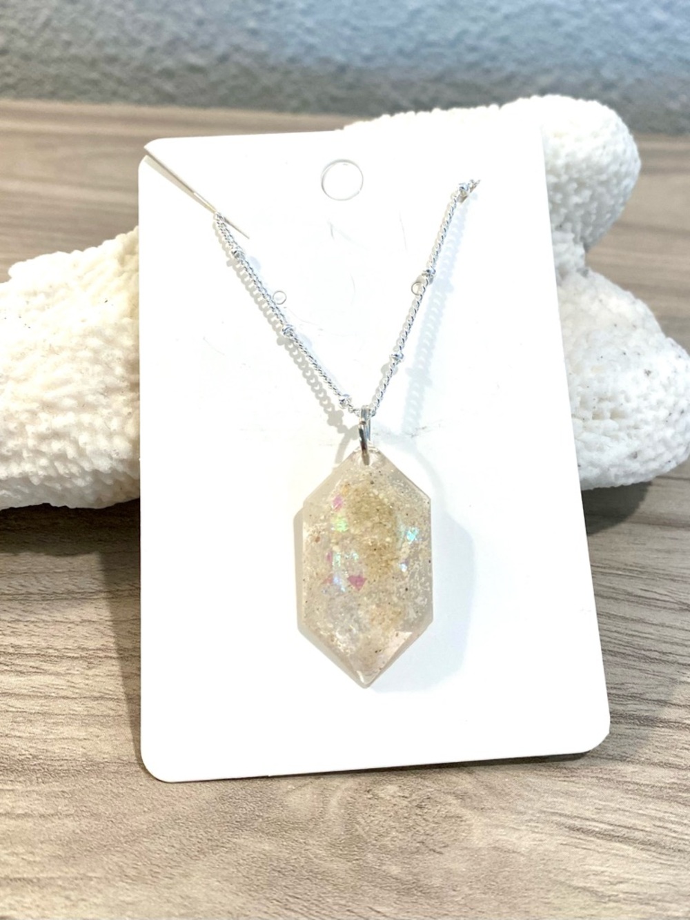 114. Silver Chain Necklace with Iridescent Antigua beach sand  Pendant